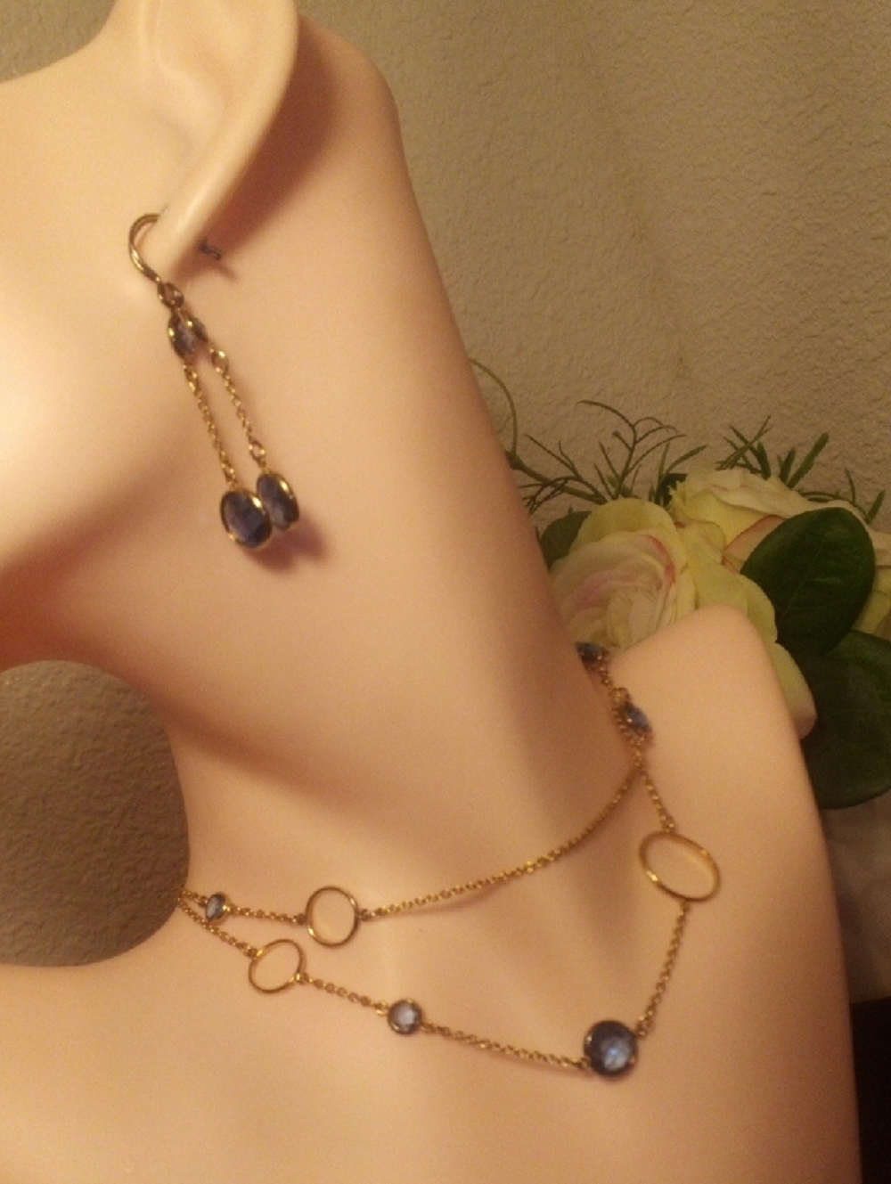 Gold-Tone Necklace with Blue Gem Accents - Elegant Double Strand
